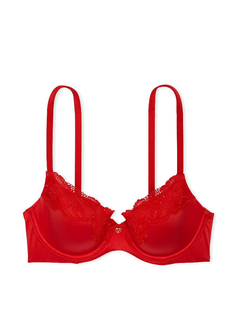 Na zdjęciu na białym tle widoczny jest biustonosz lekko usztywniany z koronką Demi. Produkt ma kolor czerwony i pochodzi z kolekcji Body by Victoria.