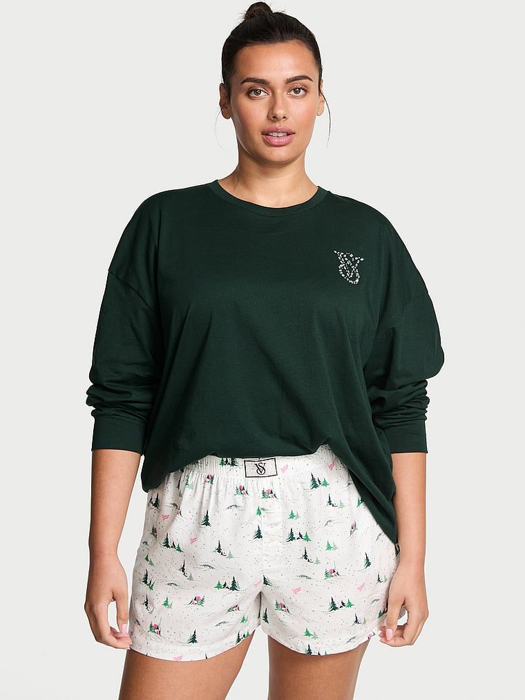 Piżama z flaneli z długimi rekawami i szortami Tee-Jama. Produkt ma kolor zielony i pochodzi z kolekcji Body by Victoria. 