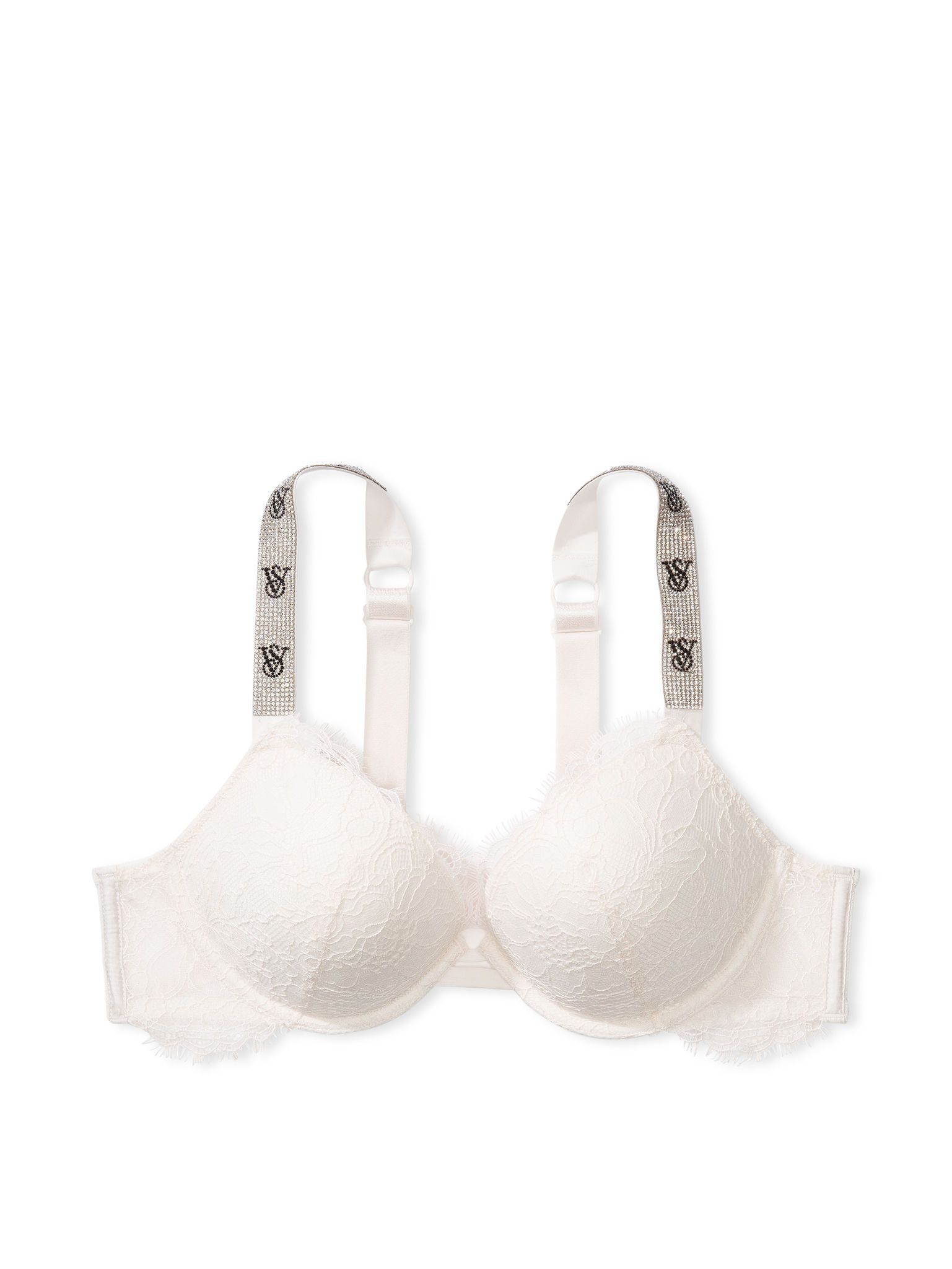 Na zdjęciu na białym tle widoczny jest biustonosz push-up Shine Strap Lace. Produkt ma kolor biały i pochodzi z kolekcji Very Sexy.