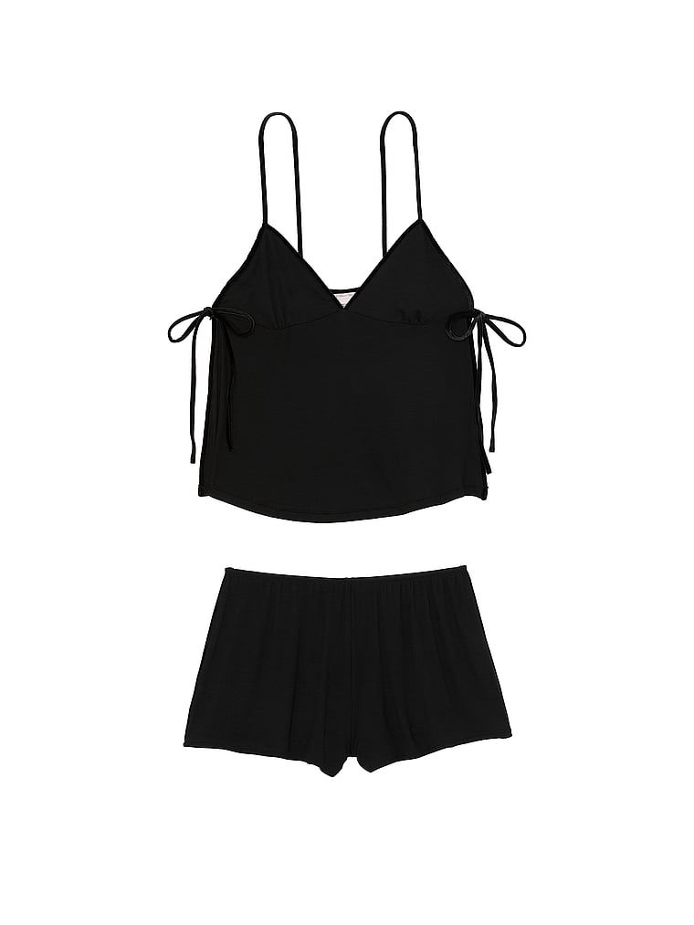 Zestaw do spania z prążkowanego modalu - top i szorty z kokardkami z weluru. Produkt ma kolor czarny i pochodzi z kolekcji Victoria's Secret. 