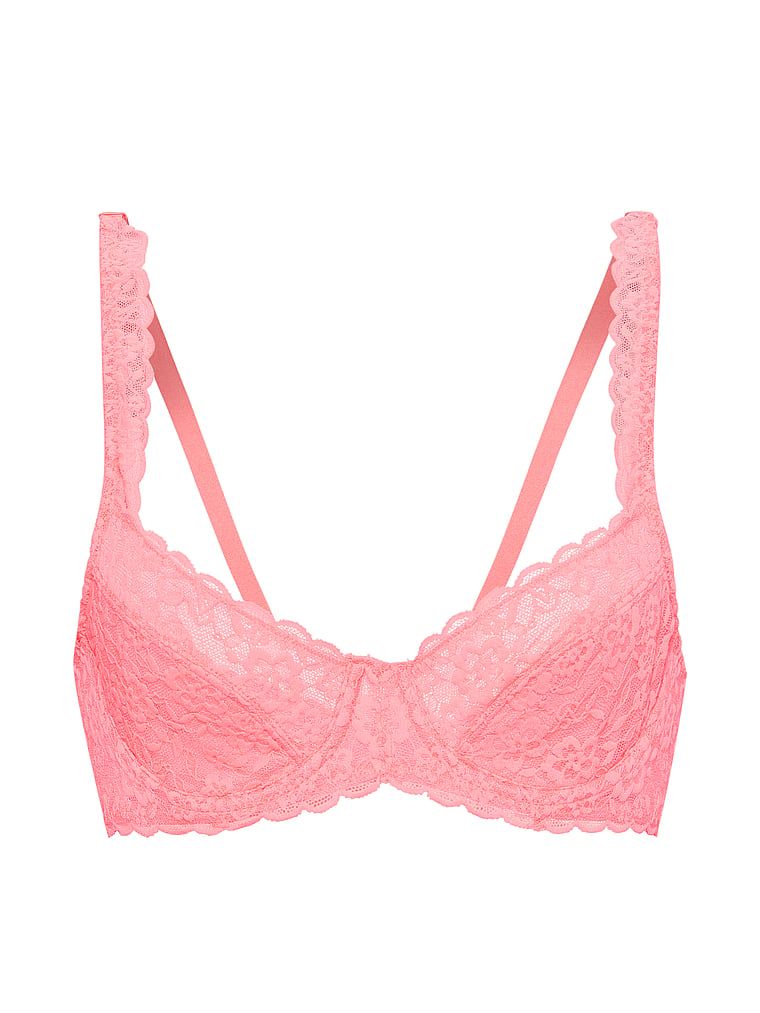 Biustonosz nieusztywniany balkonetka koronkowy. Produkt ma kolor różowy i pochodzi z kolekcji Victoria's Secret. 