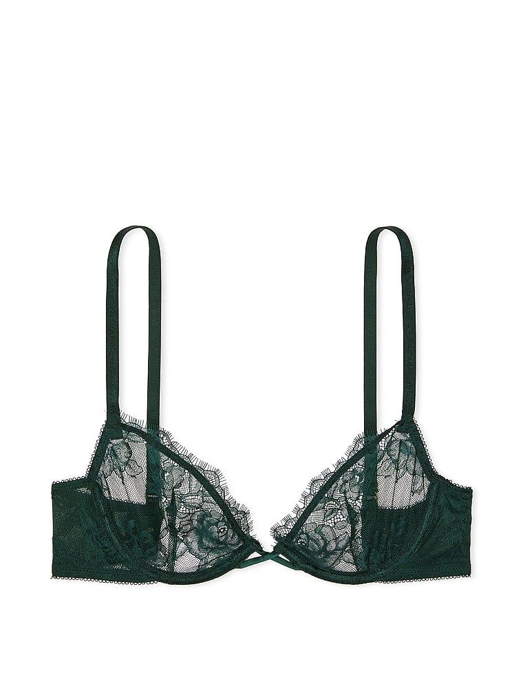 Na zdjęciu na białym tle widoczny jest biustonosz nieusztywniany koronkowy Rose Lace Demi. Produkt ma kolor zielony i pochodzi z kolekcji Very Sexy.