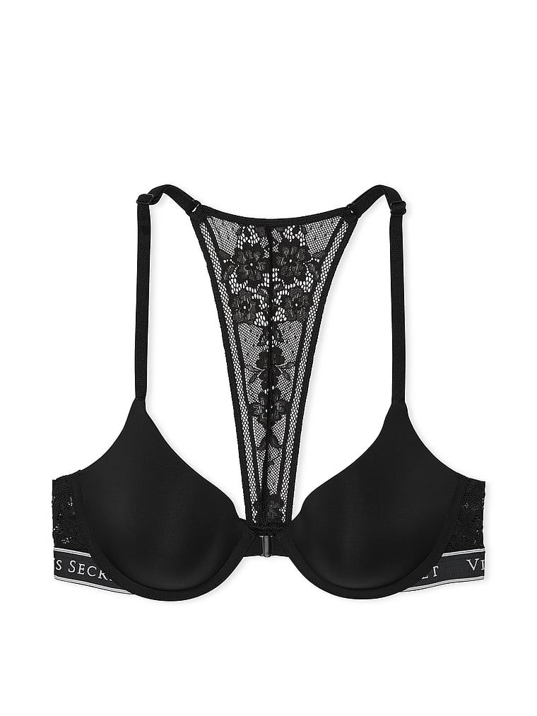 Na zdjęciu na białym tle widoczny jest biustonosz lekko usztywniany zapinany z przodu Lace-Trim Demi. Produkt ma kolor czarny i pochodzi z kolekcji T-shirt.
