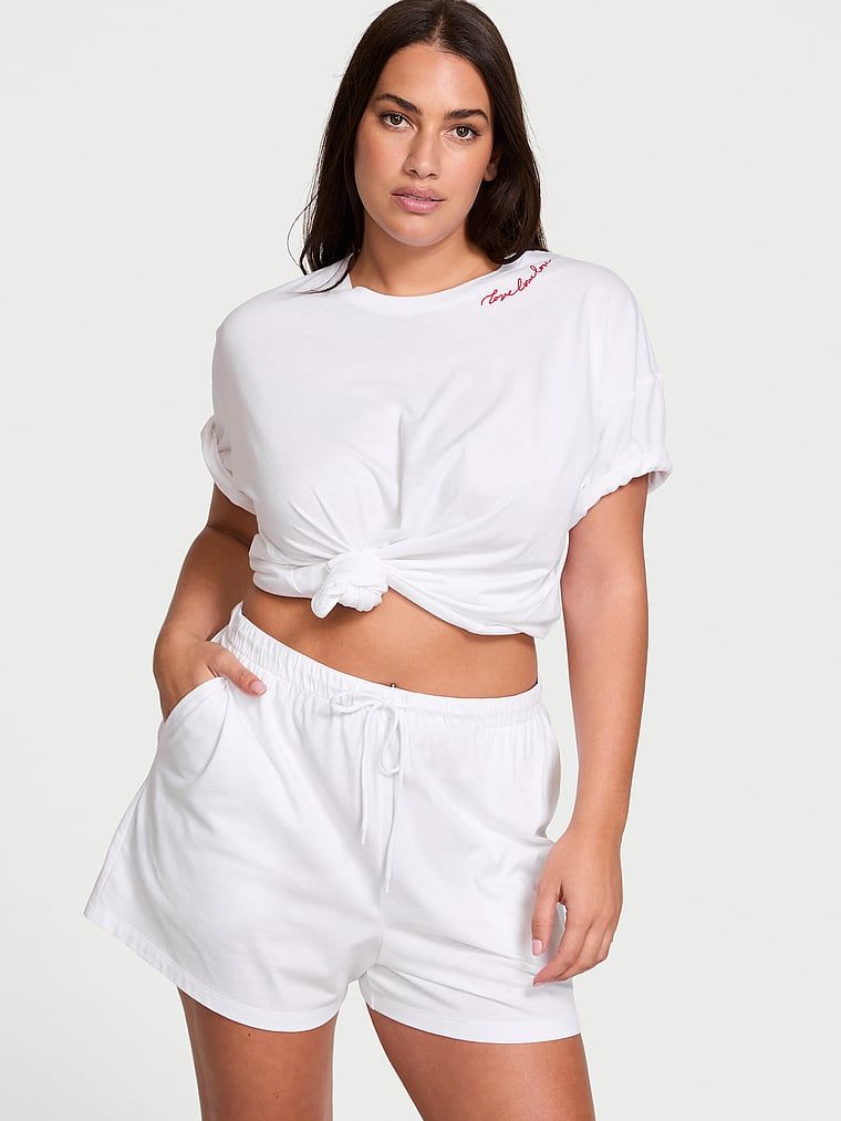 Piżama bawełniana z krótkimi rękawami i szortami. Produkt ma kolor biały i pochodzi z kolekcji Victoria's Secret. 