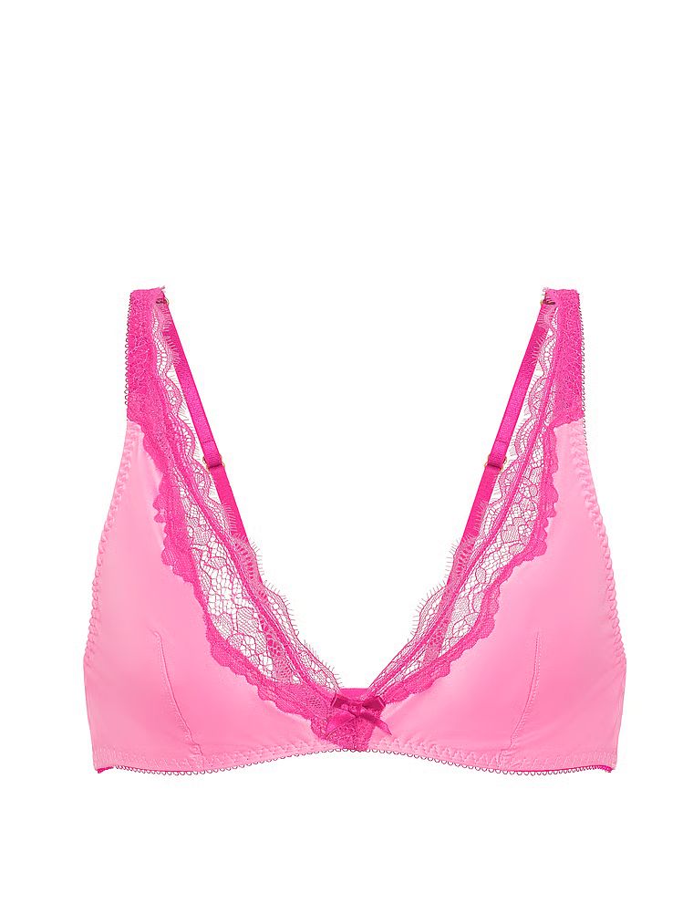 Biustonosz nieusztywniany bez fiszbin satynowy Tease. Produkt ma kolor różowy i pochodzi z kolekcji Victoria's Secret. 