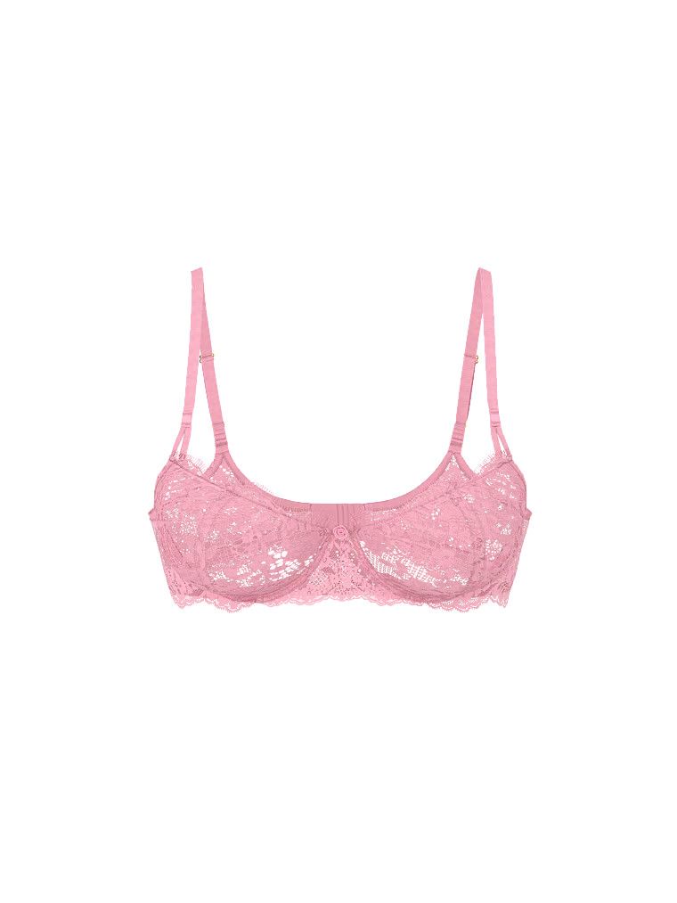 Na zdjęciu na białym tle widoczny jest biustonosz nieusztywniany balkonetka Wicked Lace Balconette. Produkt ma kolor różowy i pochodzi z kolekcji Dream Angels.